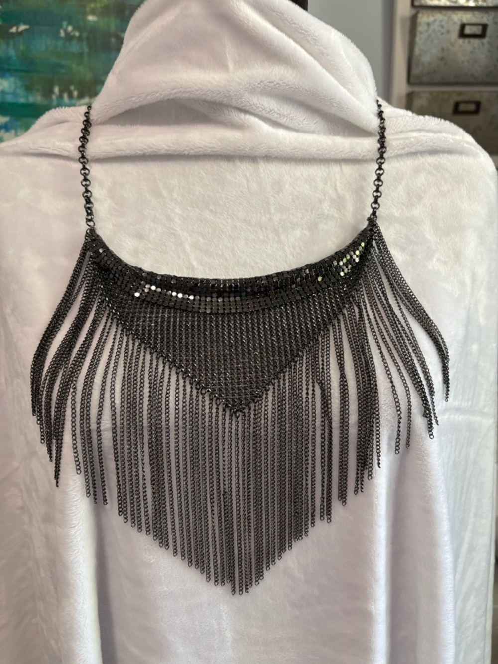 Gunmetal Fringe Chain Mail Statement Necklace - Women Jewelry